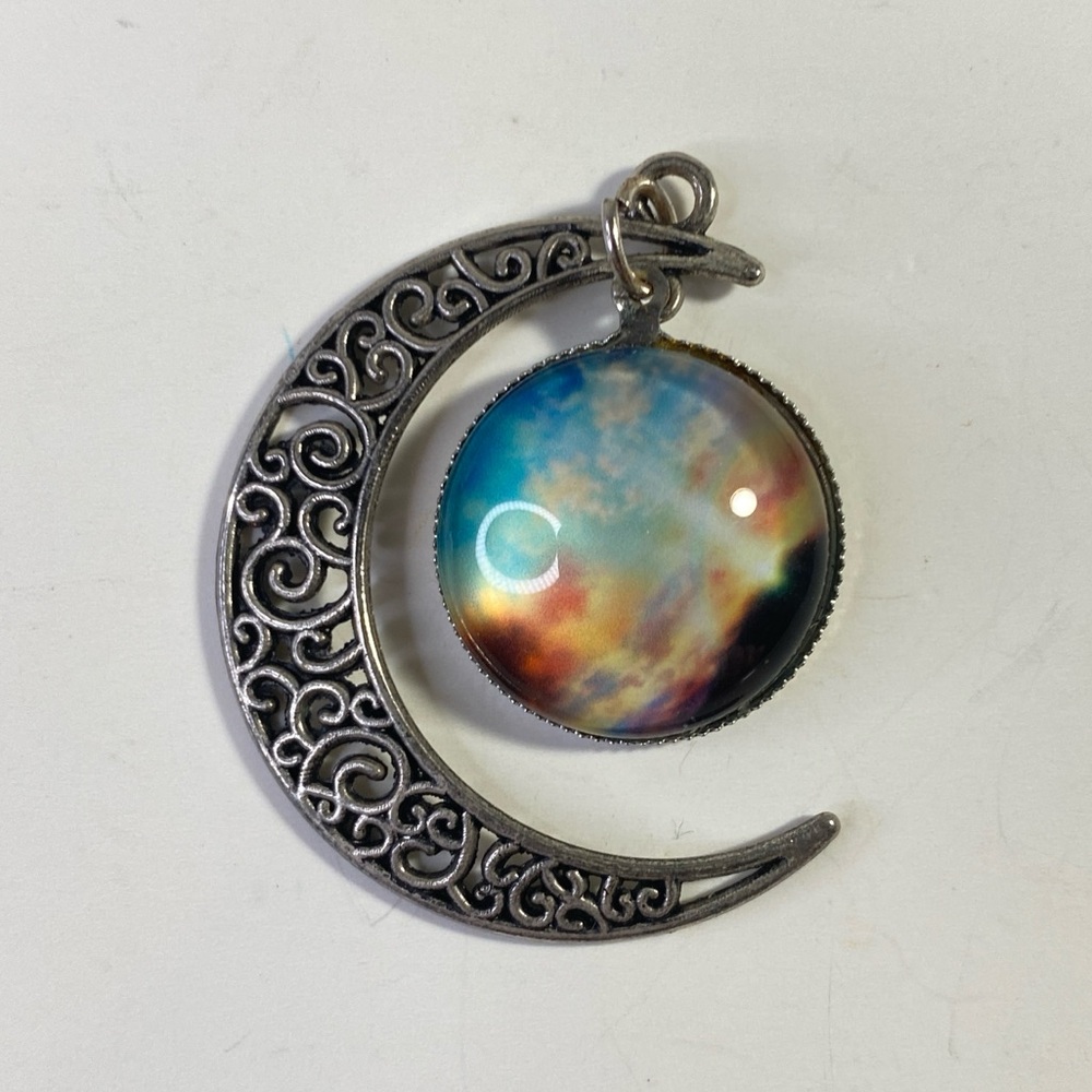 Vintage crescent moon pendant with colorful galaxy sky glass cabochon